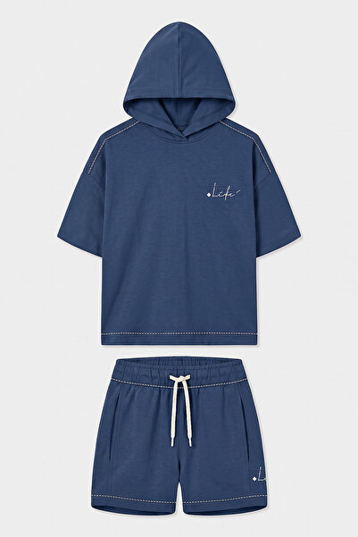 TOMMY LIFE طقم شورت للفتيات بقلنسوة وتفاصيل خياطة - 75185