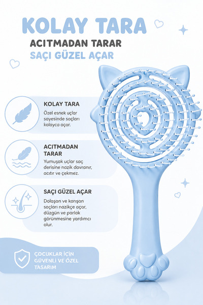 Kifi Pro Üç Boyutlu Çocuk Saç Fırçası Mavi Kedi Pati ve Kulaklı