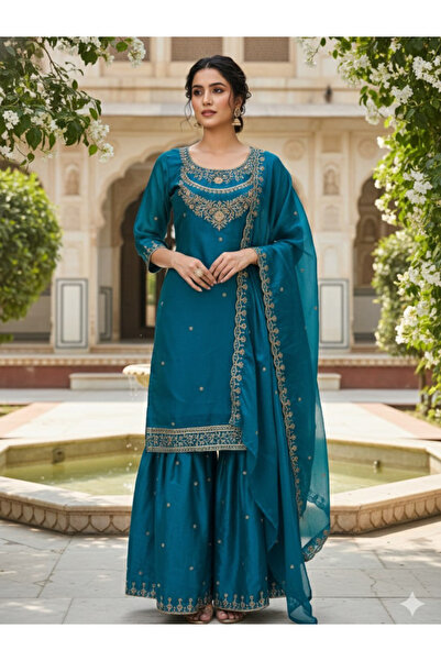 MYSMAR Teal Blue Fandy Top Plazzo & Dupatta - FFT7162-TealBlue-Size-L-40-Inches