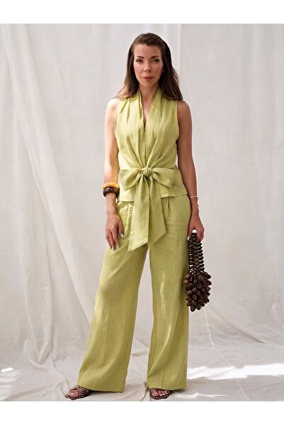 She Combines Women's Premium Oil Green 100% Natural Linen Double Vest and Tro...
