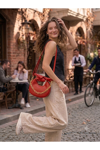 MODA Kadın Fiyonk Detaylı Mini Yarım Ay Çanta - Gold Zincirli Çapraz Ve Omuz Çantası