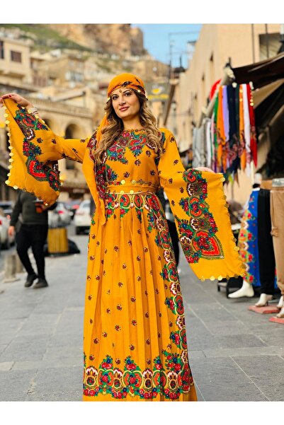 MODA Yöresel Etnik Elbise Mardin %Yüz Doğal Pamuklu Renk-Sarı Özel Üretim!