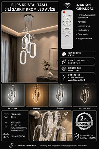 mubeda aydınlatma Elips Kristal Taşlı 5'li Sarkıt Model Krom LED Avize - 4 Re...