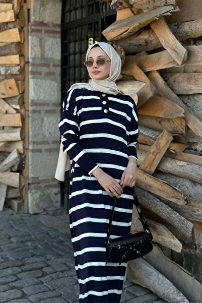 müqofficial Striped Polo Collar Knitwear Dress - Navy Blue