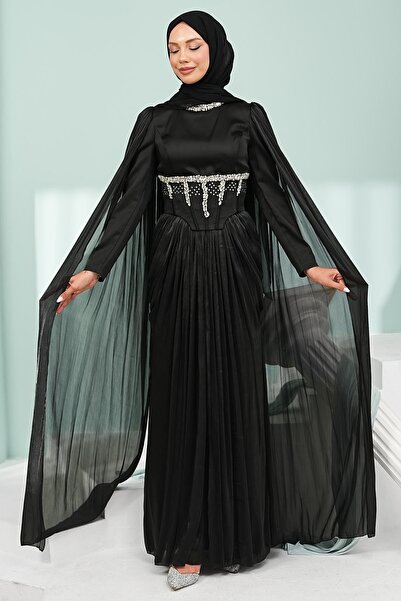 İmajButik Siyah Taş İşlemeli Korseli Piliseli Abiye