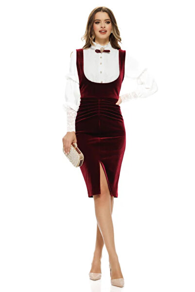 OEM Sarafan damă bordo elegant din catifea , midi ,croi cambrat