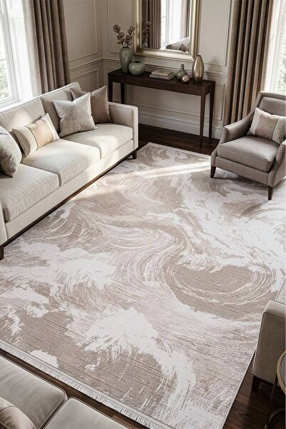 VEJA HOME Luna Krem Bej Modern Soyut Dalgalı Kabartmalı Salon Halısı Ve Yollu...