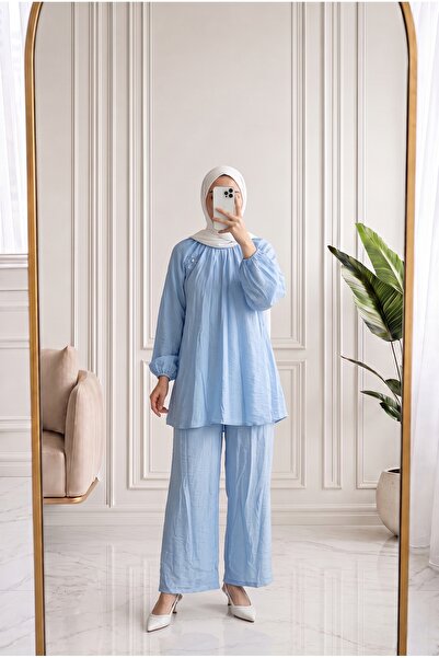 MİHRA STORE Mehnur Tie-Dye Balloon Sleeve Pants Vual Suit-Ey1054 Blue