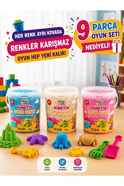 MİNİBLOX Doğal Kinetik Oyun Kumu 1,5 KG (3×500 GR Ayrı Kova) – 9 Parça Oyun S...