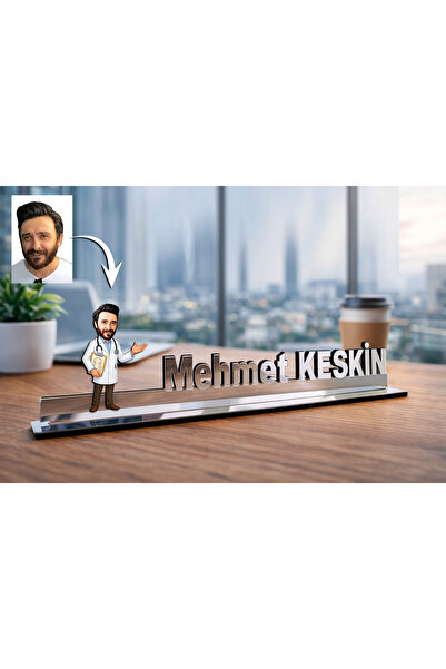 MK Sanart Kişiye Özel Fotoğraflı Doktor Karikatür Ofis Masa İsimliği Hekime Y...