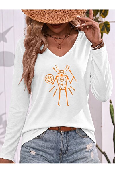mercoledi Mix Printed Cotton V-Neck Long Sleeve Blouse