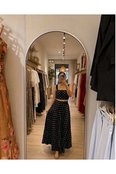 Flow Siyah Beyaz Puantiyeli Crop Bluz ve Yüksek Bel Maxi Etek Takım – Yazlık ...