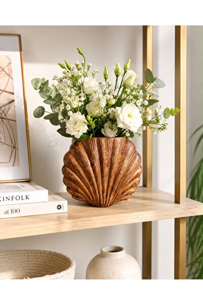 Yumuk Shop Terra Shell Wood Look Ceramic Vase Nordic Modern Bohemian Decorati...
