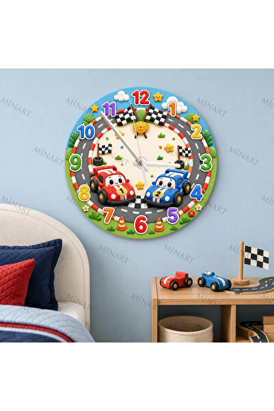 ensaat Race Car Track Children's Room Wall Clock Silent Wooden Clock 34.5 cm