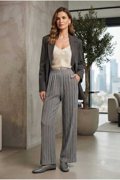 WOHOME Women's Elastic High Waist Textured Casual Wide Leg Fabric Trousers