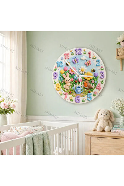 ensaat Spring Garden Rabbit and Bird Children's Room Wall Clock Silent Wooden...