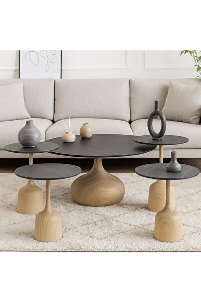 GLAMOURE HOME طقم طاولات خدمة وضيافة ذكية مودرن خشبية (يتكون من 5 قطع: 1 طاول...