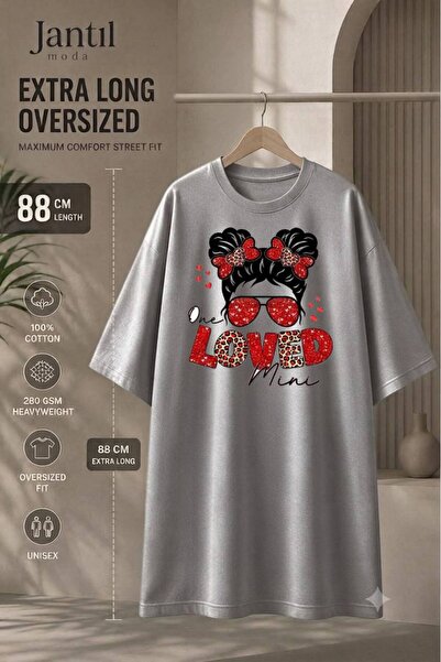 JANTIL MODA Crew Neck Loved Written Leopard Patterned Girl Figure Extra Long ...