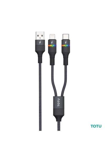 Totu 2-in-1 Fast Charging Cable 12W 2.4A USB-A to Type-C & Lightning with Col...