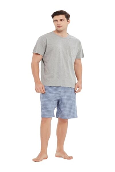 Global Pijama Barbat Bumbac, Tricou Maneca Scurta, Pantalon Scurt, Model Bluz...