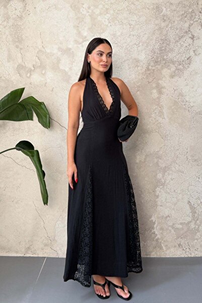 Elbee Fashion Woman Μαύρο φόρεμα με δαντέλα και λεπτομέρειες