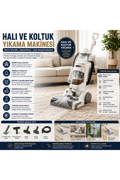 Yevda 800W Halı ve Koltuk Yıkama Makinesi | 2,8 L Temiz Su Tankı | Güçlü Emiş...