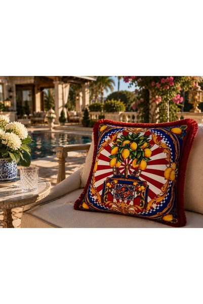 sue collection Palazzo Lemon Patterned Red Tassel Decorative Throw Pillow Cover 4 Pieces 43X43 cm