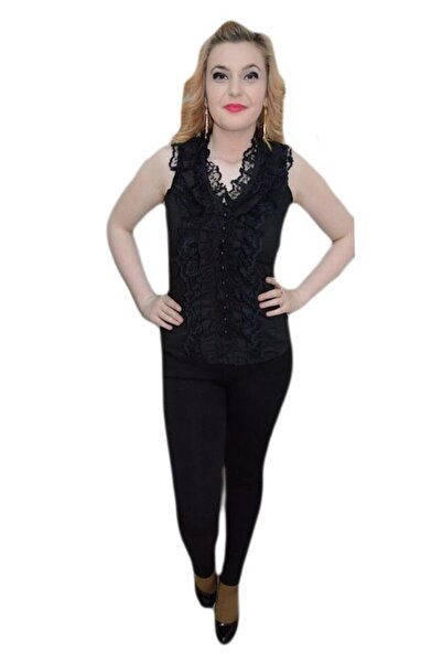 OEM Bluza casual fara maneca, culoare neagra, cu dantela si volane