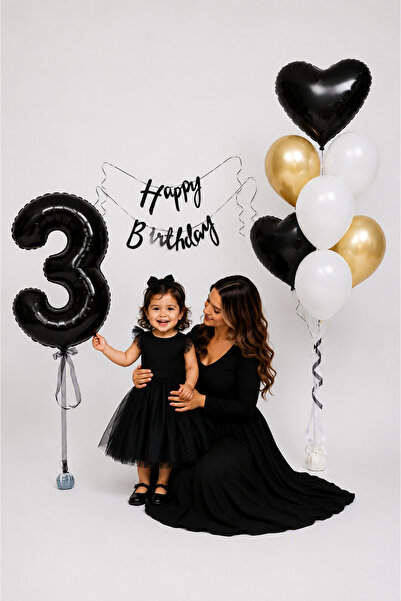 Siyah Konsept 1 Yaş Doğum Günü Kutlama Seti; Beyaz, Gold Balon ve 1 Rakam, Kalp Folyo Balon
