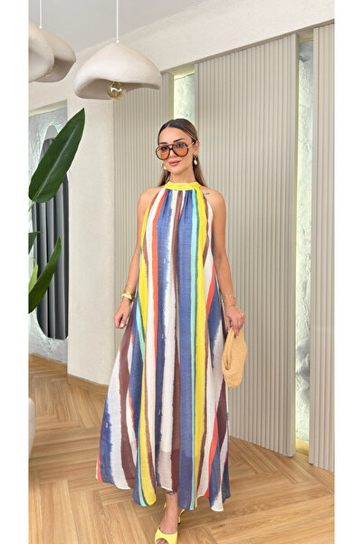 My Blog Rainbow Collar Lace-Up Lined Dress - 3483