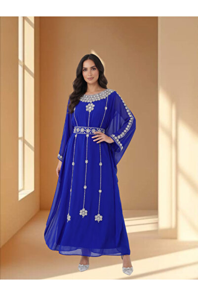 FNM Women's Rhinestone Embellished Chiffon Kaftan Dress - Belted Formal Maxi ...