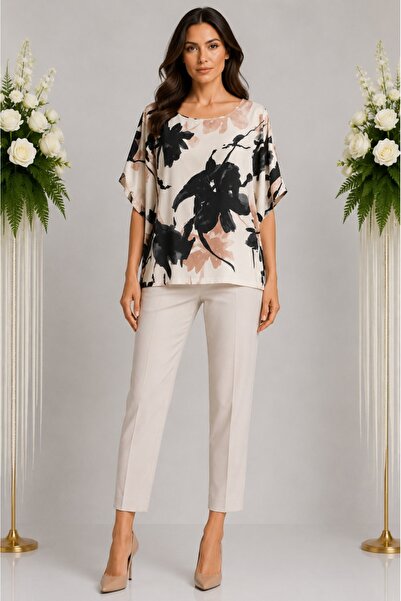 OEM Bluză damă cu imprimeu floral crem-negru-pudra – Croială lejeră, mânecă s...