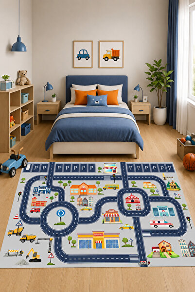DECOVİST HOME Yıkanabilir, Kaymaz Tabanlı ve Leke Tutmaz Araba Yolu Desenli Ç...