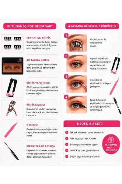 MAISON GLOWEN Profesyonel 6 Parça Takma Kirpik Seti | Mıknatıslı Kirpik, 4D Takma Kirpik, Kirpik Yapıştırıcısı, Kirpik Kıvırıcı, Cımbız ve Kirpik Tarağı+SÜRPİZ HEDİYELİ