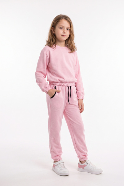 FYK KİDS Girl's Round Collar Pocket Piping Detailed Plain Unprinted Elastic C...