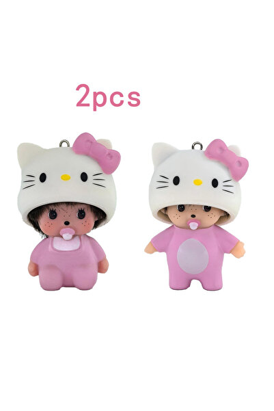 Choice3 2pcs Cute Hello Kitty Monchhichi Doll Keychain TPR Material Cartoon P...