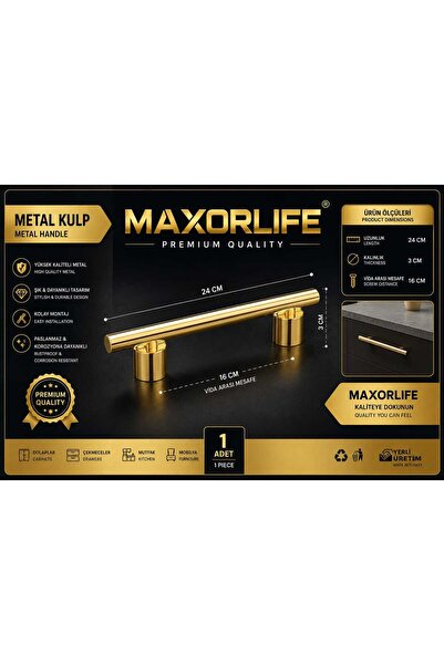 MAXORLİFE Premium Metal Dolap Kulpu Altın Renk 24 cm | 16 cm Vida Arası | Pas...