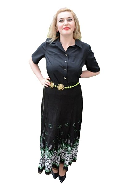 OEM Fusta lunga de culoare neagra cu imprimeu floral alb-verde