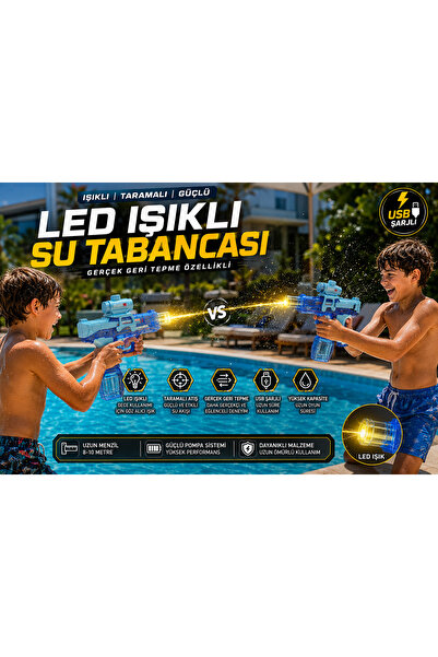 Gezinfini Hediyelik USB Şarjlı Su Tabancası, Uzun Menzilli, Seri atış özellikli, Led Alev Efektli, Geri tepme özellikli, Geniş Su Hazneli, Şarj Edilebilir Pilli Su Oyuncağı