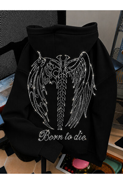MOONBULL Kadın Born To Die Kanat Sırt Taş Baskılı Oversize Kanguru Cepli Swea...