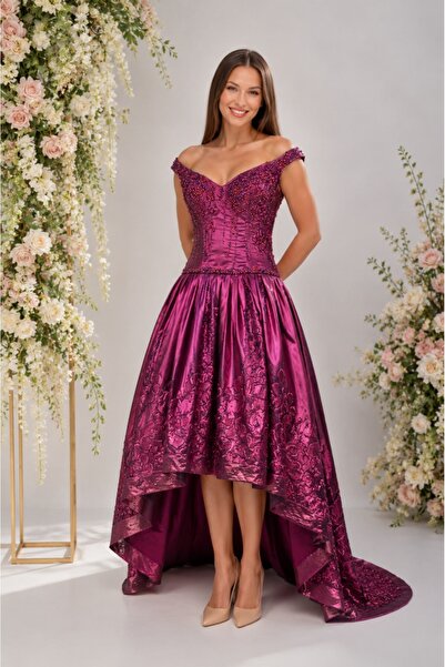 OEM Rochie eleganta, marsala, cu croi asimetric si margele aplicate