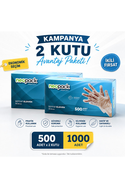 Neopack Kutulu Tek Kullanımlık Şeffaf Eldiven 2 Adet (Paket İçerisi-500 Adet)