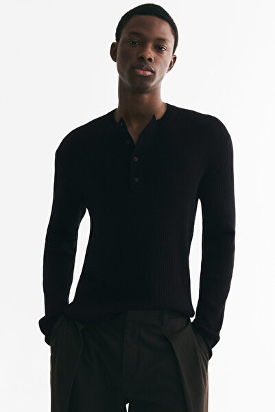 H&M Lastik Örgülü Henley Üst Slim Fit