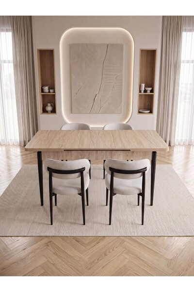 Concept Ayz Home Bella Serisi 4 Kişilik Beyaz Kumaş 80*130 Traverten Masa San...