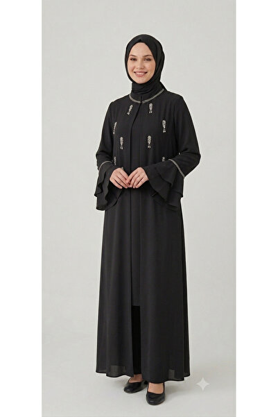 Etrucci Kolları Volanlı Taş İşlemeli İpek Abaya