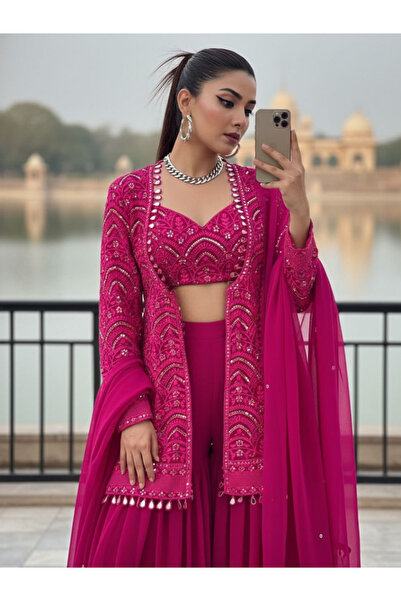 MYSMAR Pink Georgette Sharara Set with Embroidered Jacket - HRT7043 | Pink-Si...