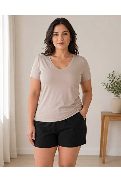 missece Women's Plus Size V-Neck Short Sleeve Cotton Lycra Basic Blouse