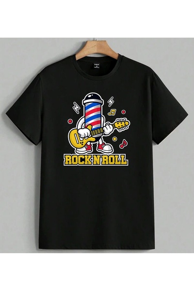 ELFERA Rock N Roll Barber Hair Guitar Printed Unisex Oversize T-Shirt Crna