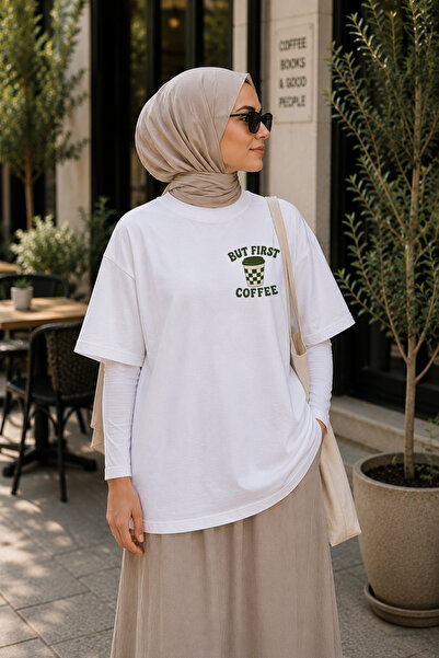 BAGAND Premium but First Coffee Printed Oversize Unisex T-Shirt 100% Cotton W...