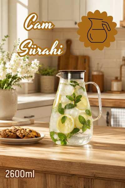 Porsima LM-0100 Damla Sızdırmaz Metal Kapaklı ve Kulplu Cam Başucu Sürahisi 2...